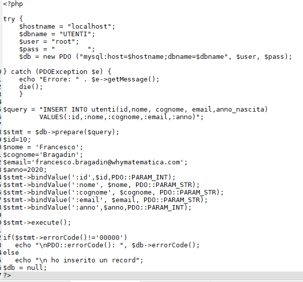 PHP PDO Inserimento Prepare Bind Execute WHY MATEMATICA